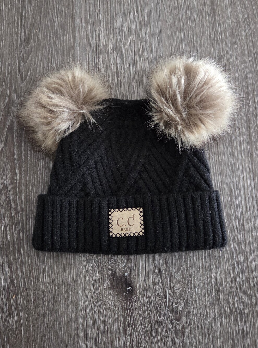 CC Baby Double Pom Criss-Cross Pattern Beanie